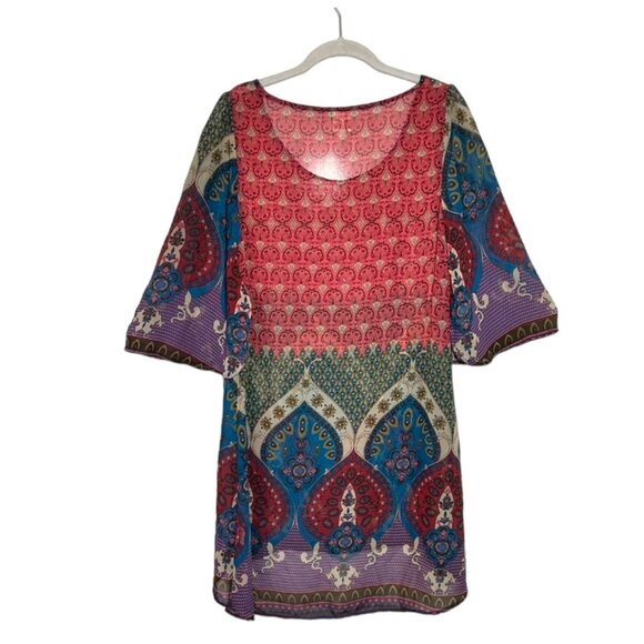 Pink Owl Multicolor Boho 3/4 Sleeve Hi-Low Semi Sheer Sheath Dress  - Sz M - Picture 2 of 5